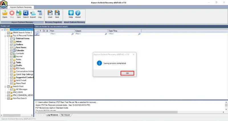 Click OK and save the recovered PST file