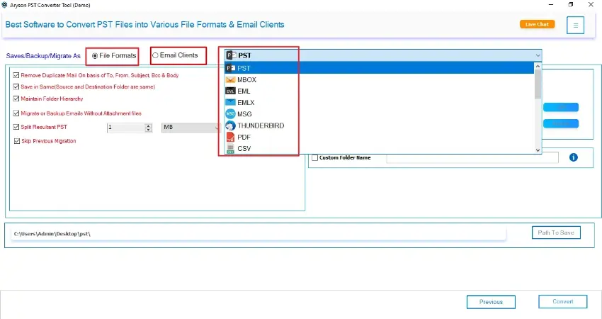 choose the output format as required